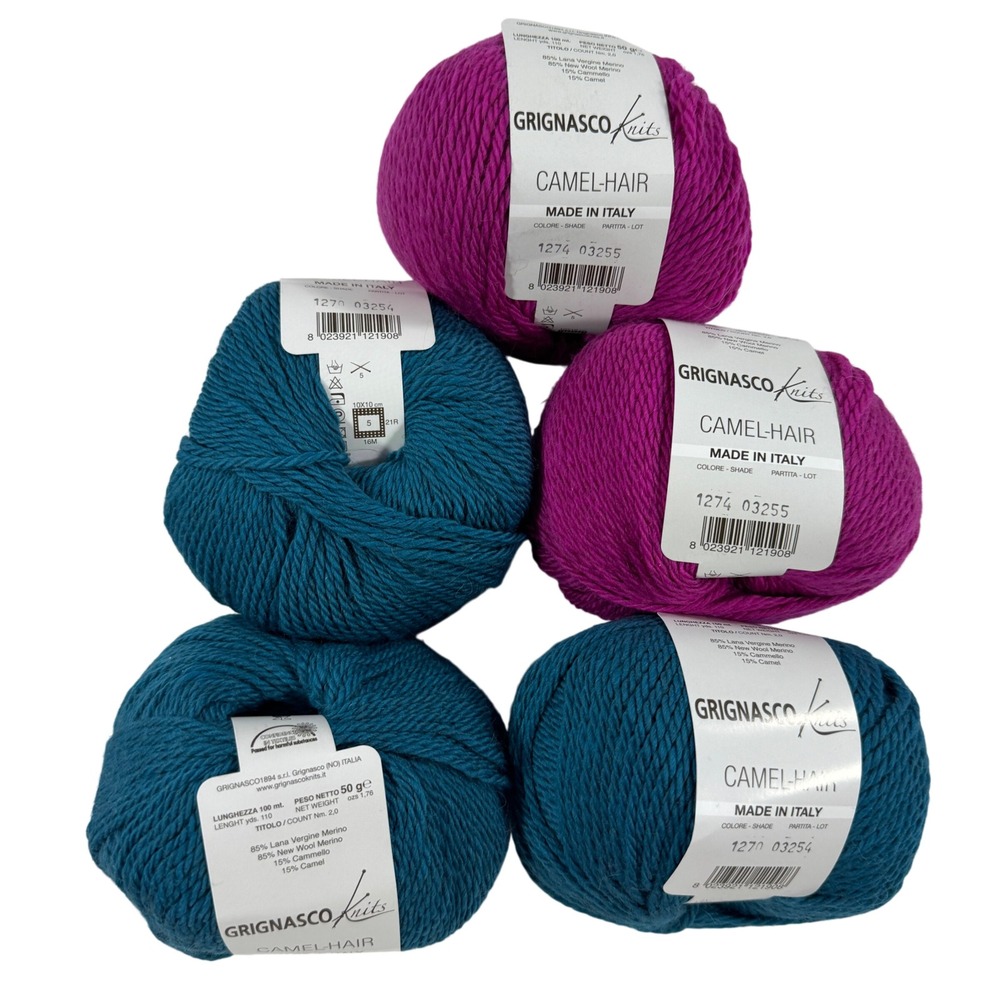 Grignasco Knits Camel-Hair Yarn 5 Skeins Merino Camel Blend Teal Magenta Italy